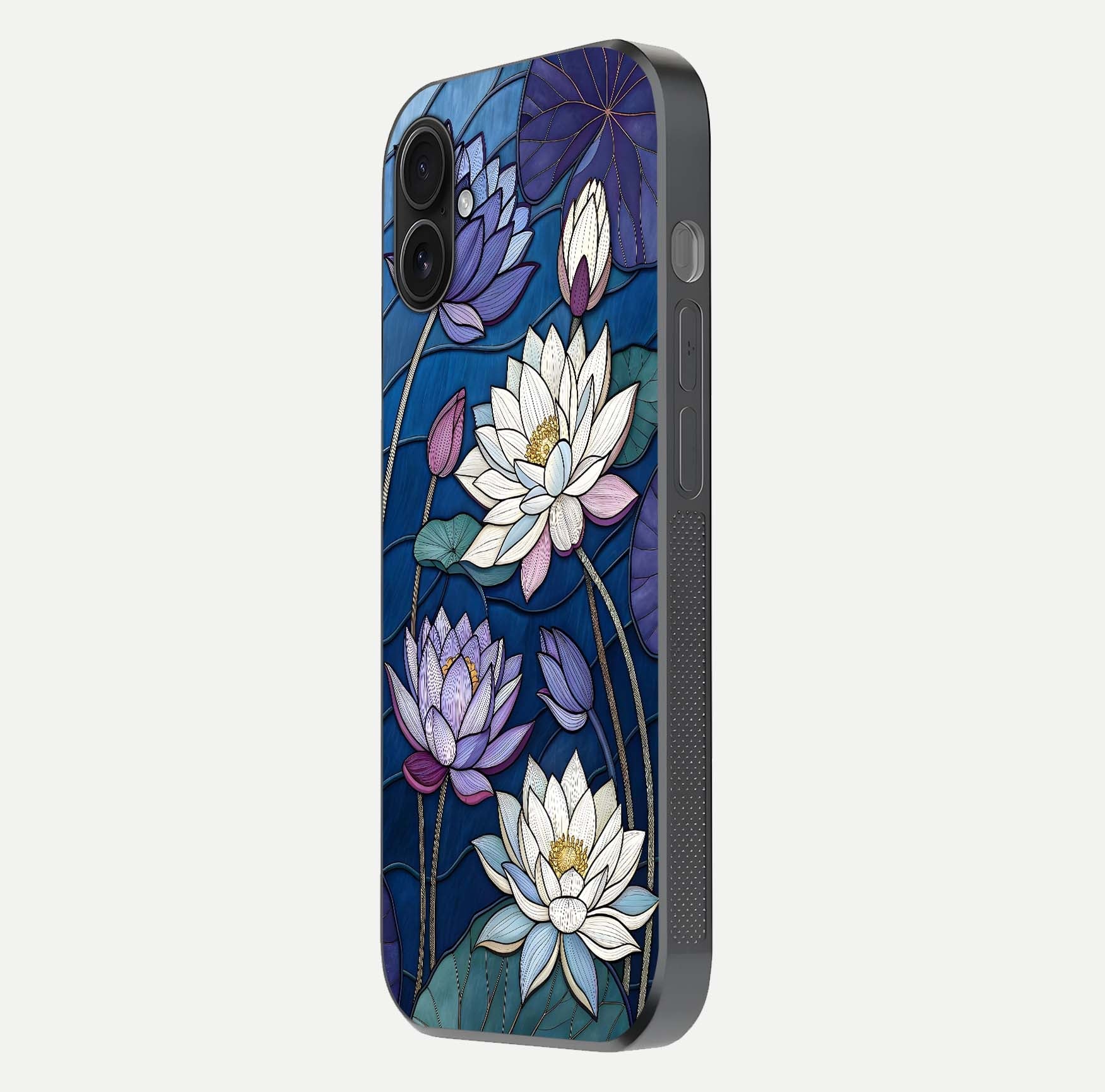 Purple Lotus Stained Glass Case for iPhone 16 Plus side-angle image showing gloss, reflection, and intricate detailing