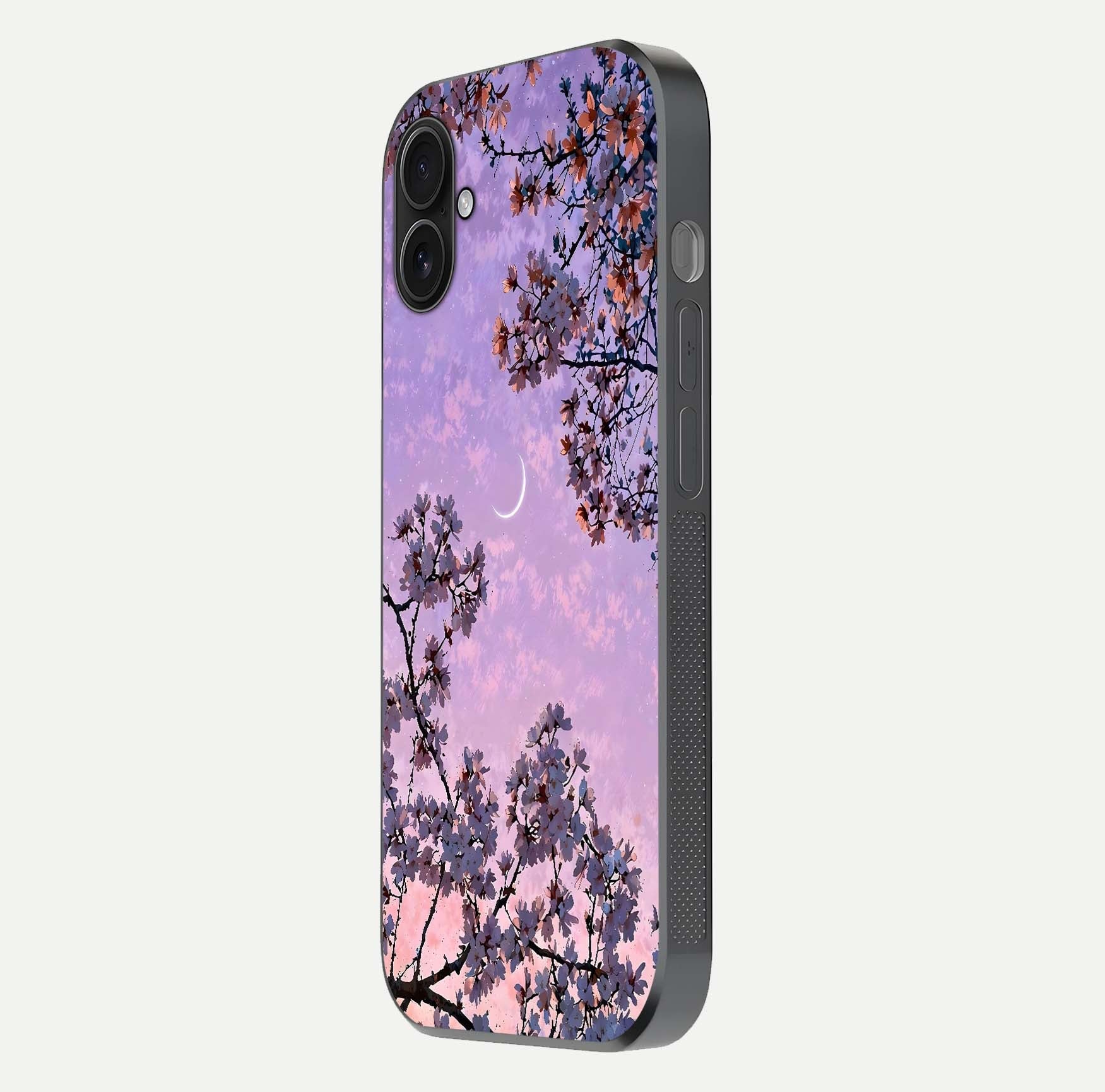 Purple Serenity Moon Glass Case for iPhone 16 Plus side-angle image showing reflection and lunar art precision