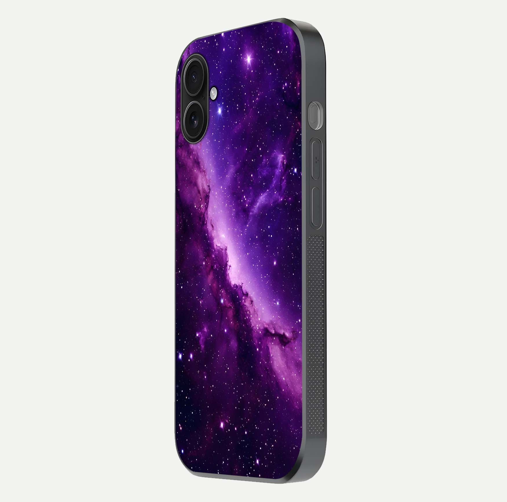 Purple Shade Sky Glass Case for iPhone 16 Plus side-angle image showing shine and soft violet blend