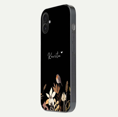 Quiet Garden Tune Custom Name Glass Case for iPhone 16 Plus side-angle image showing reflection and floral design