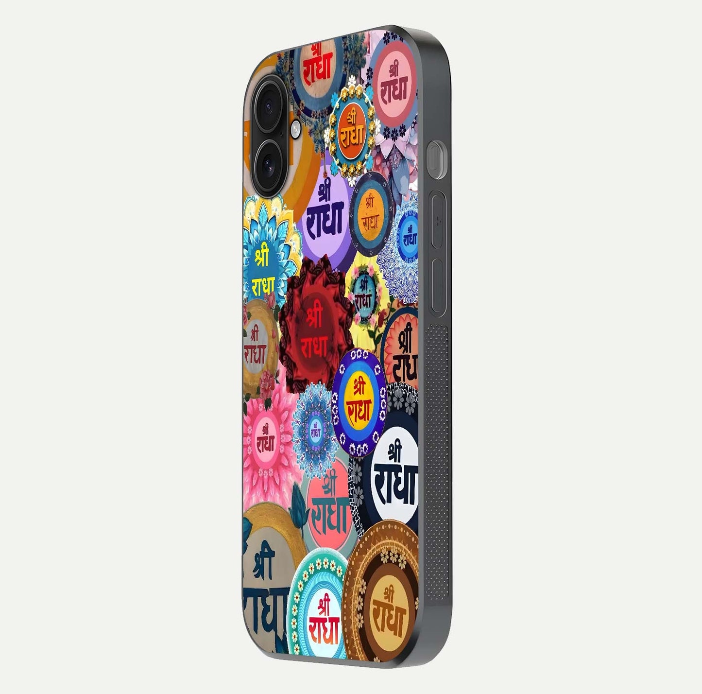 Radha Divine Bloom Glass Case for iPhone 16 Plus side-angle image showing shine, reflection, and floral motif