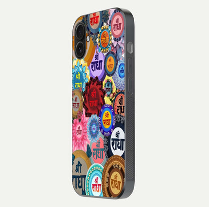 Radha Divine Bloom Glass Case for iPhone 16 Plus side-angle image showing shine, reflection, and floral motif