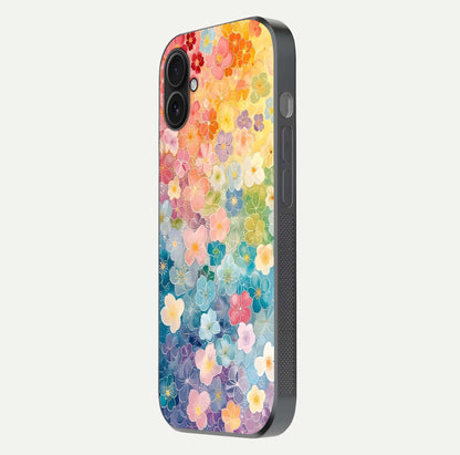 Rainbow Blossom Burst Glass Case for iPhone 16 Plus side-angle image showing reflection and floral burst detail