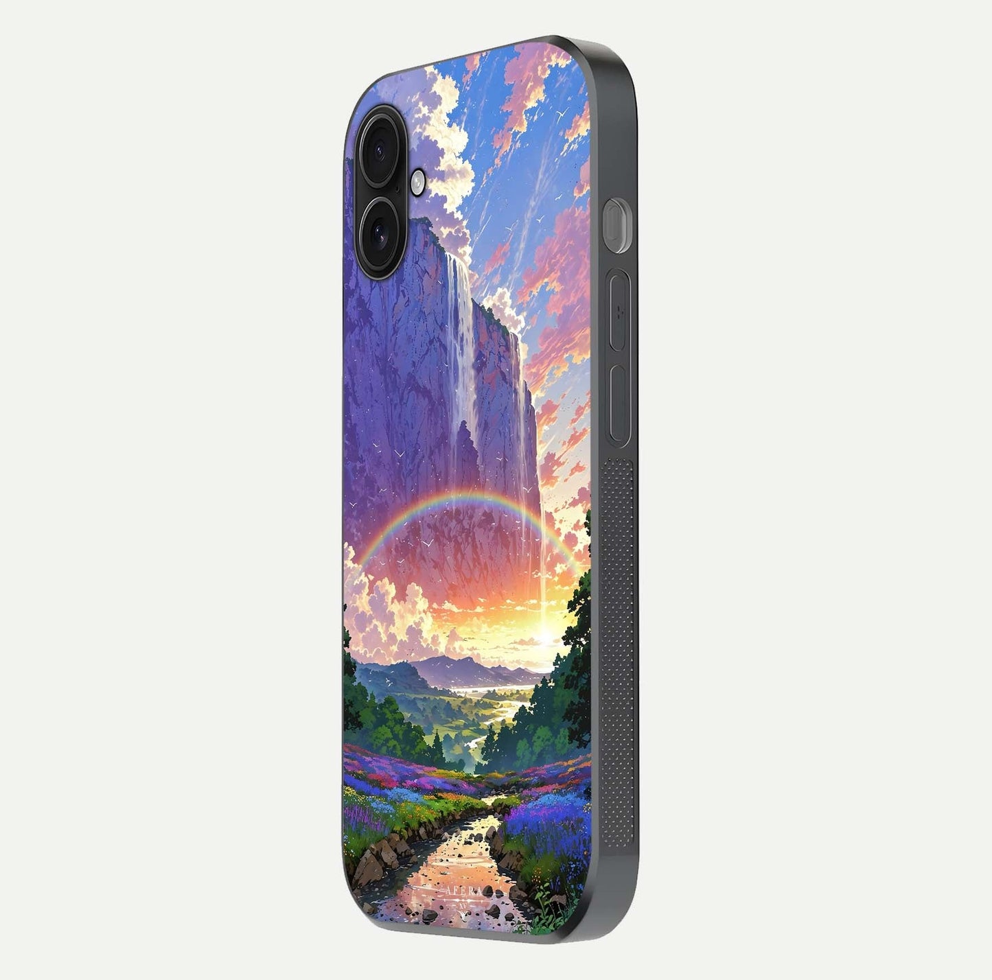 Rainbow Valley Dream Glass Case for iPhone 16 Plus side-angle image showing light reflection and scenic tones