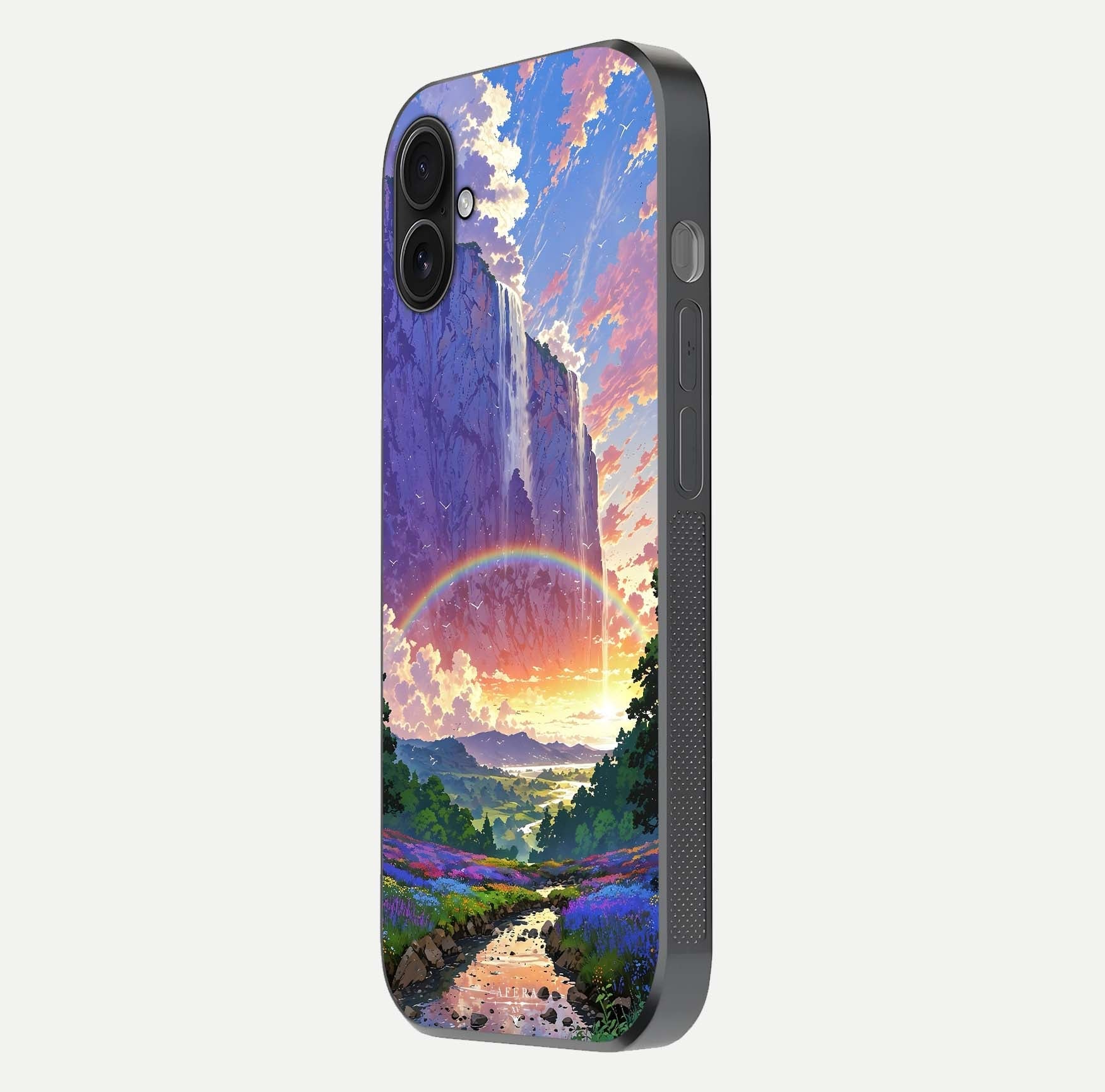 Rainbow Valley Dream Glass Case for iPhone 16 Plus side-angle image showing light reflection and scenic tones