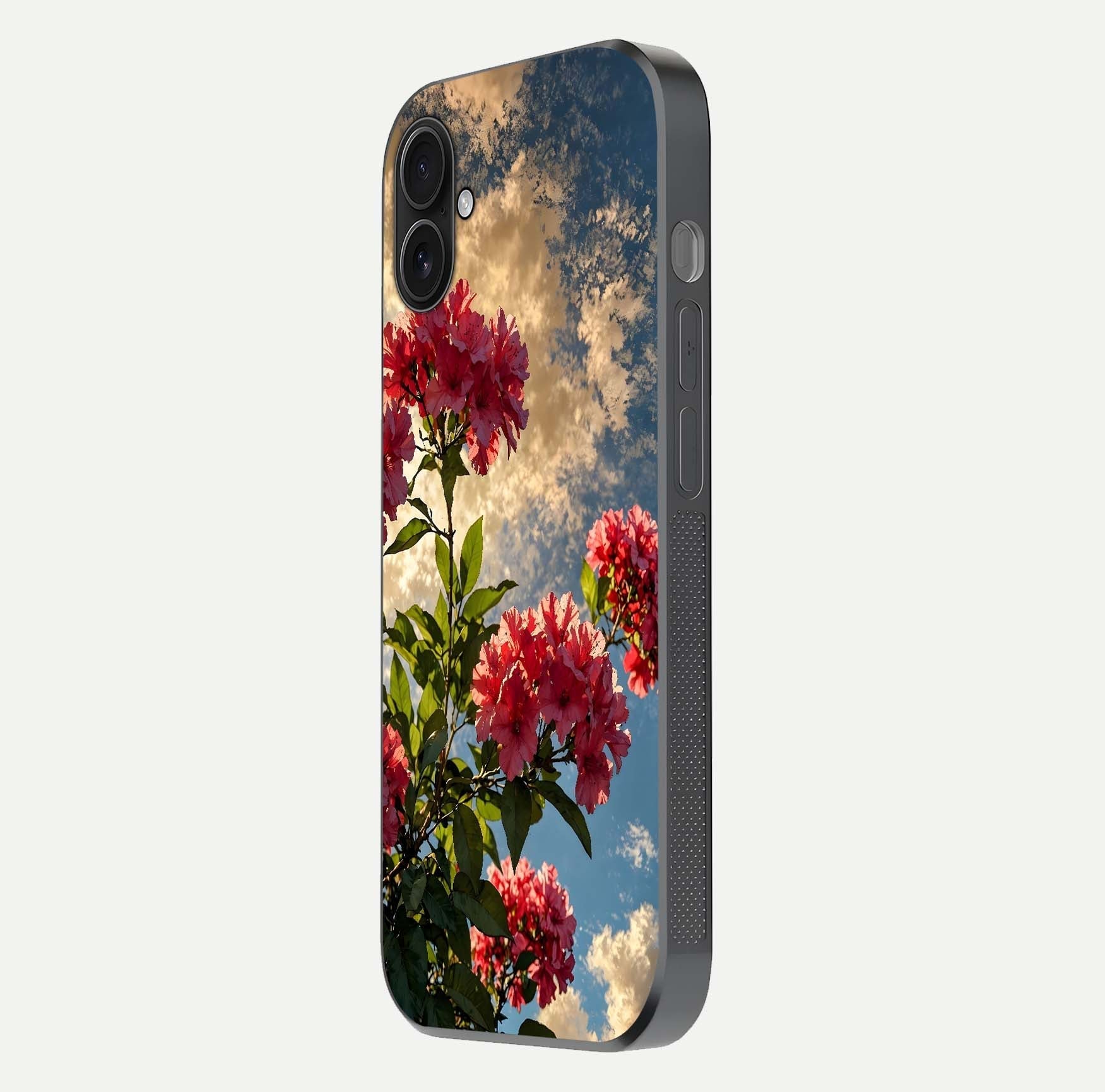 Red Bloom Skies Glass Case for iPhone 16 Plus side-angle image showing reflection, print clarity, and tone blend
