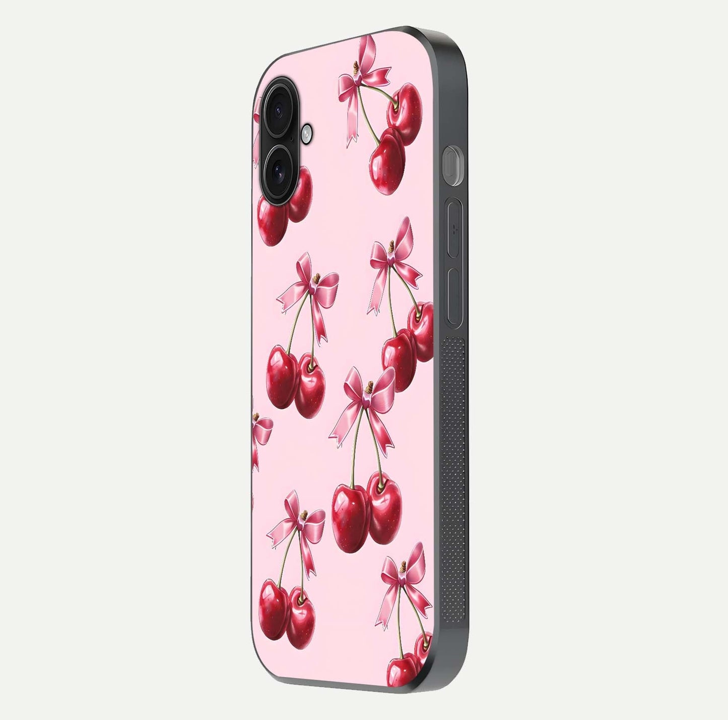 Red Cherries Pattern Glass Case for iPhone 16 Plus side-angle image showing gloss surface and cherry details