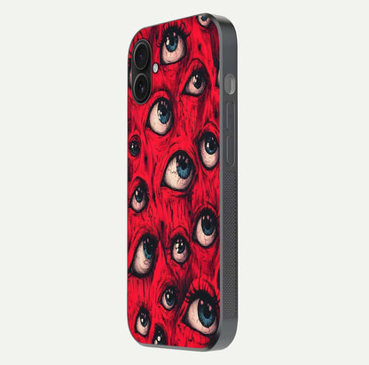 Red Eyes Pattern Glass Case for iPhone 16 Plus side-angle image showing shine, detail, and red tone clarity