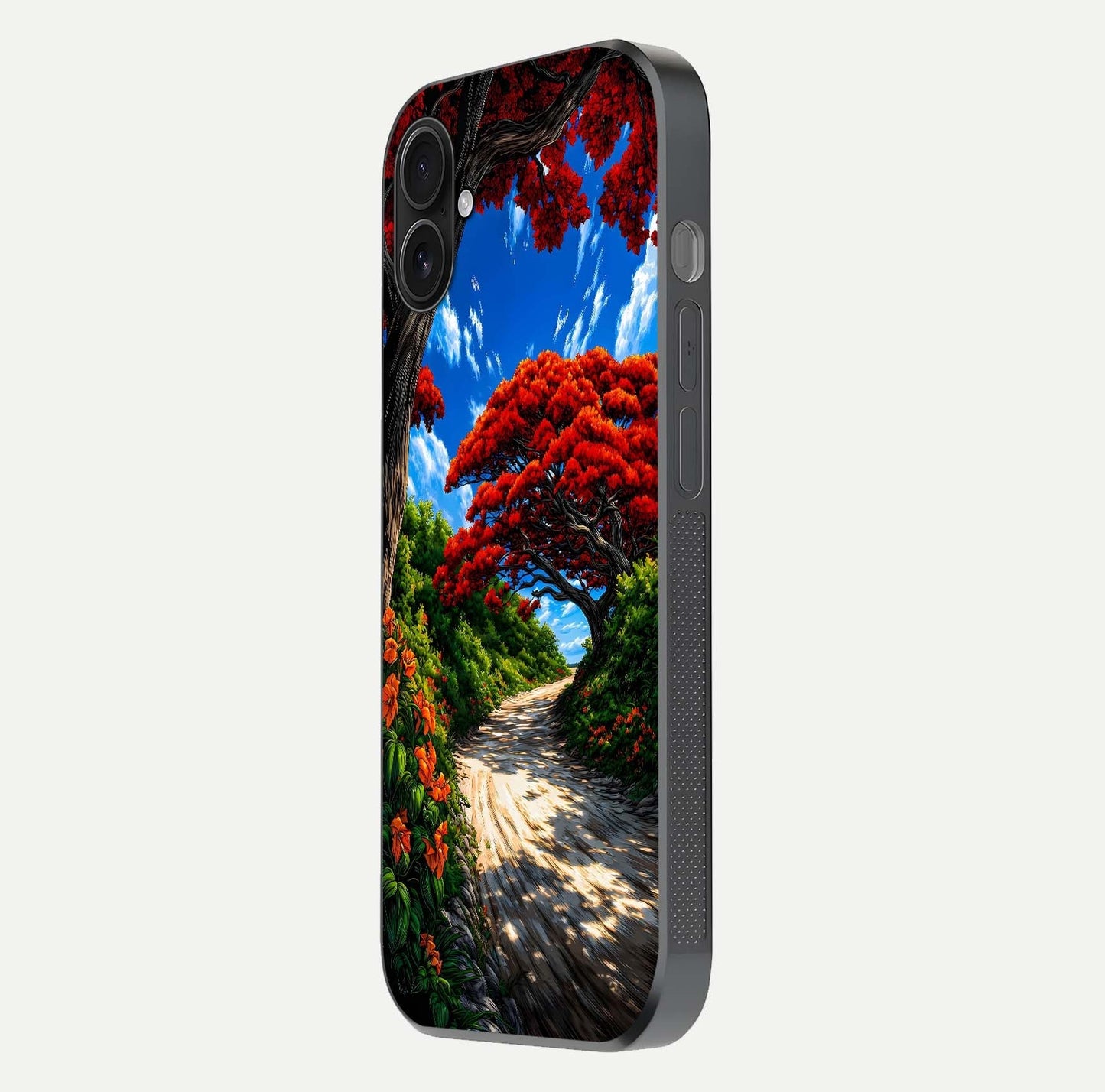 Red Trees Pathway Glass Case for iPhone 16 Plus side-angle image showing reflection and autumn vibe