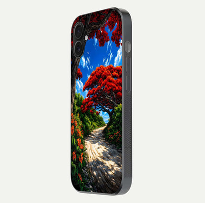 Red Trees Pathway Glass Case for iPhone 16 Plus side-angle image showing reflection and autumn vibe