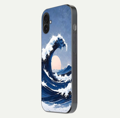 Rising Tide Power Glass Case for iPhone 16 Plus side-angle image showing shine and detailed ocean art