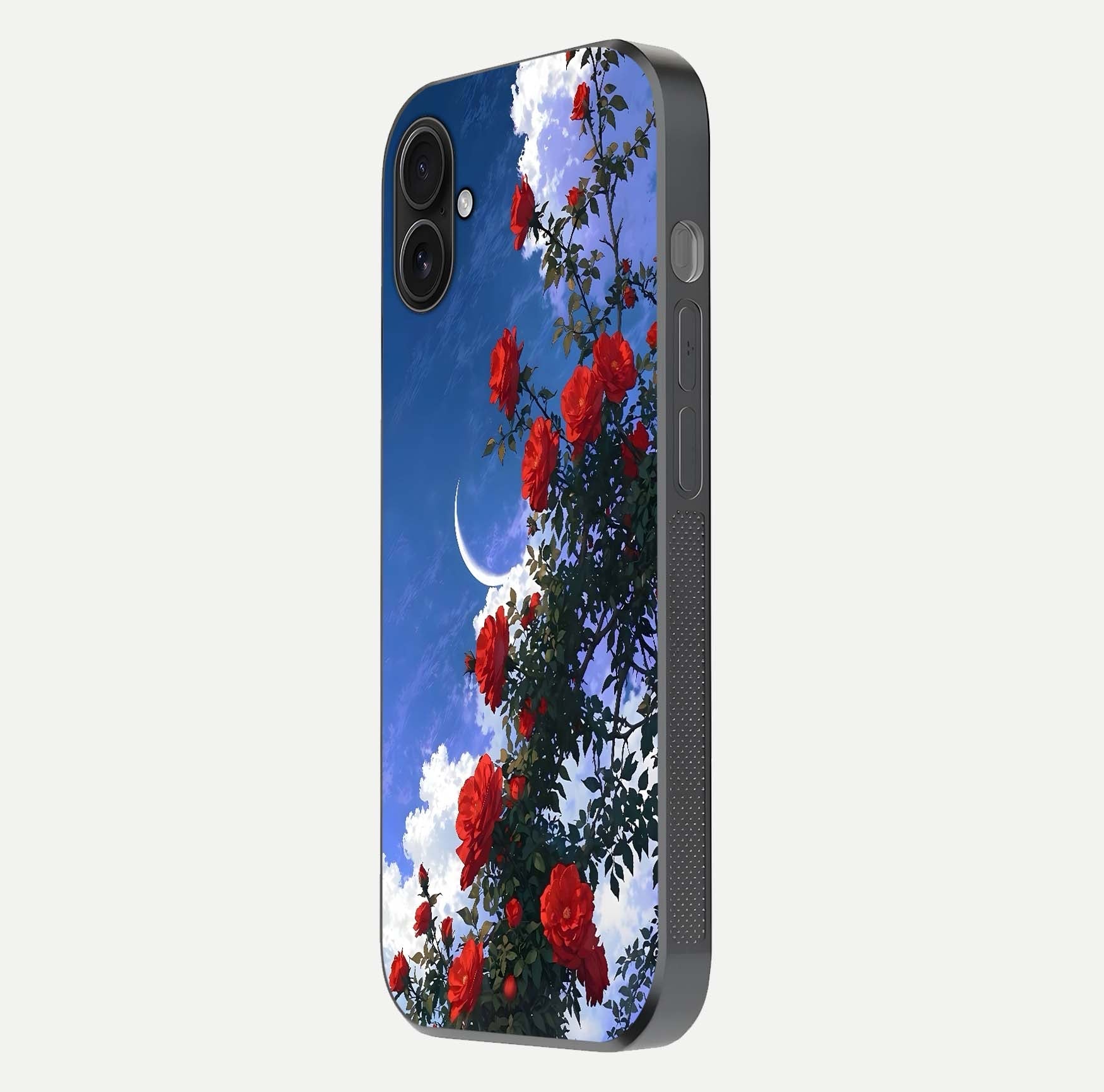 Rose Drift Flowers Glass Case for iPhone 16 Plus side-angle image showing reflection and petal detail