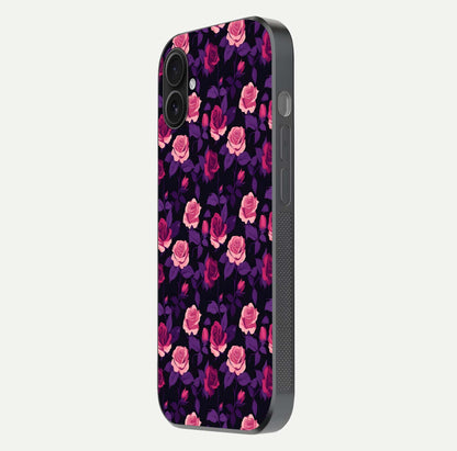 Rose Garden Twilight Glass Case for iPhone 16 Plus side-angle image showing reflection, gloss, and floral detail