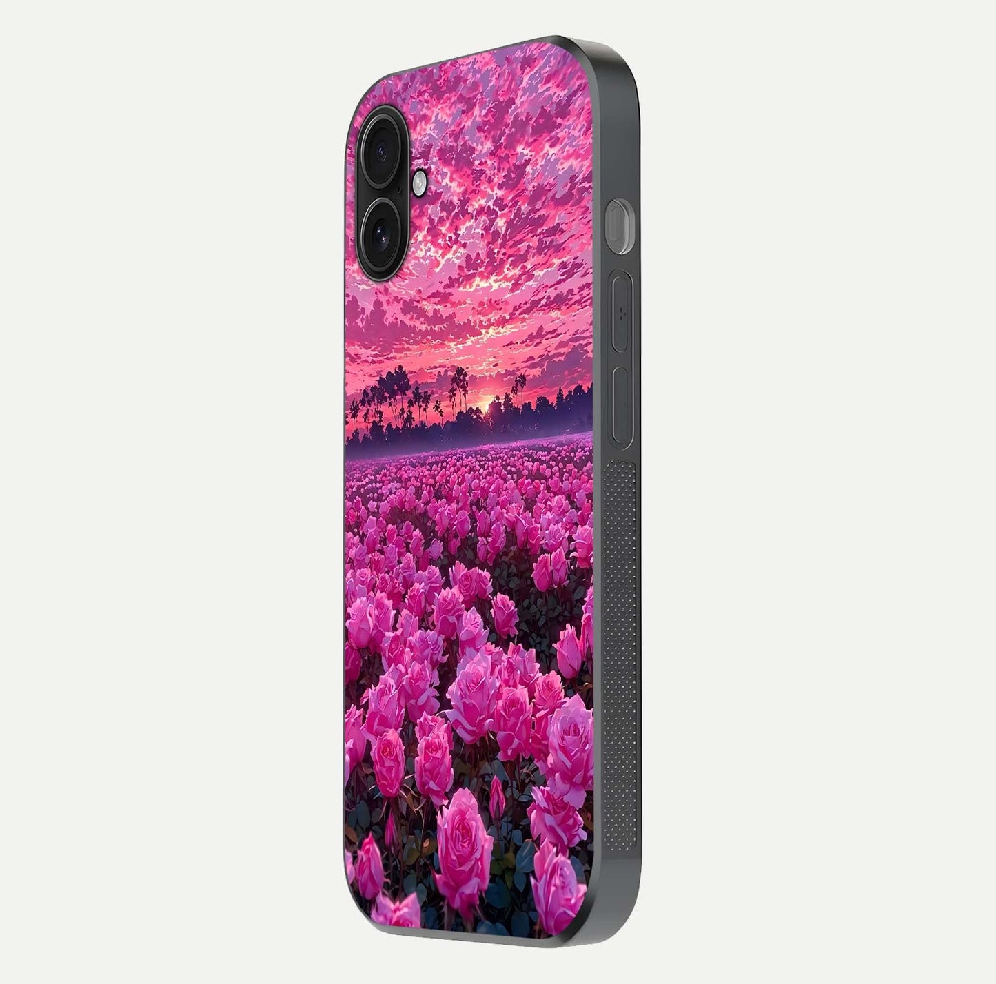 Rose Sunset Valley Glass Case for iPhone 16 Plus side-angle image showing smooth edges and floral glow
