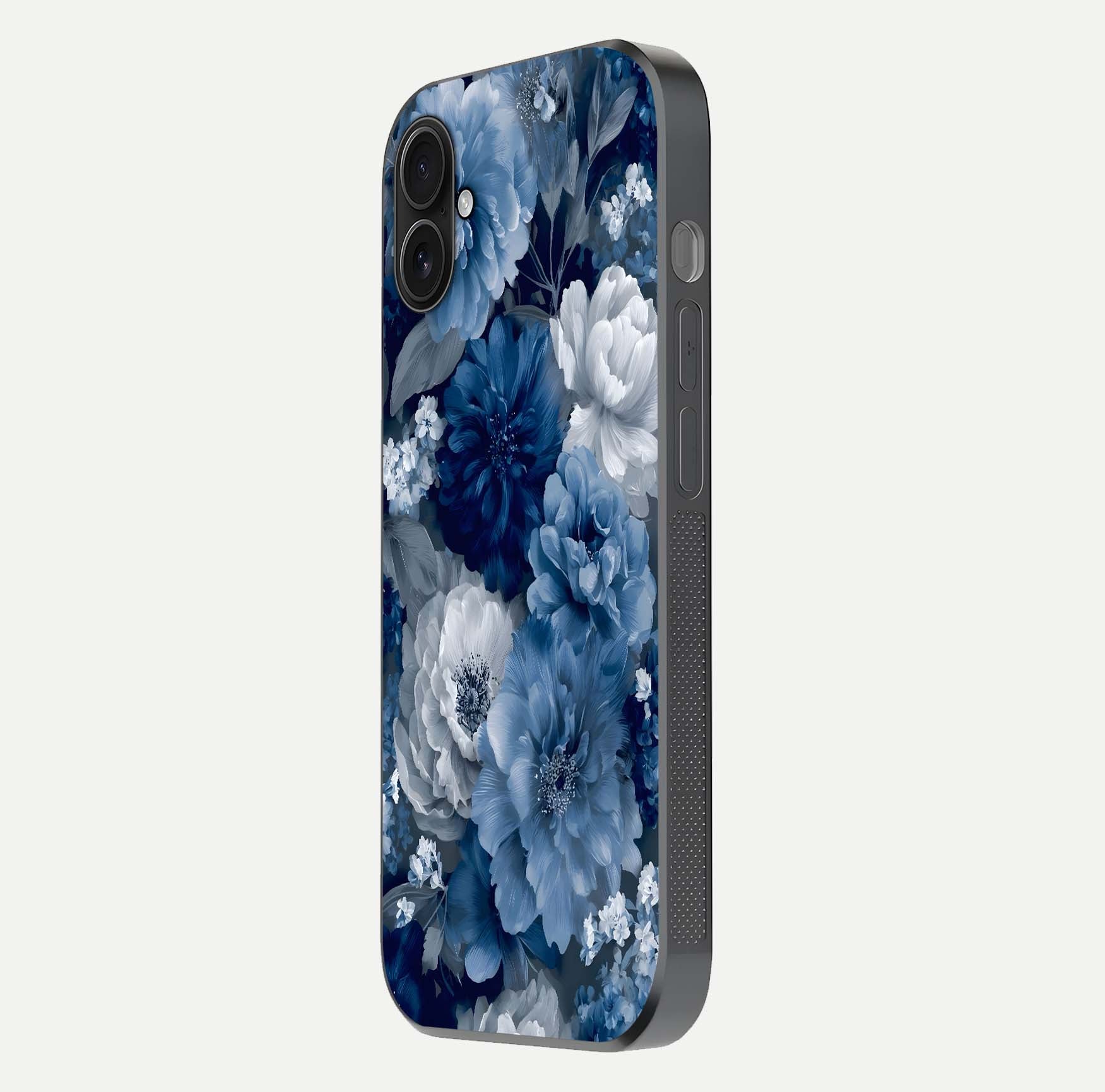 Royal Bloom Garden Glass Case for iPhone 16 Plus side-angle image showing floral pattern, edges, and reflection