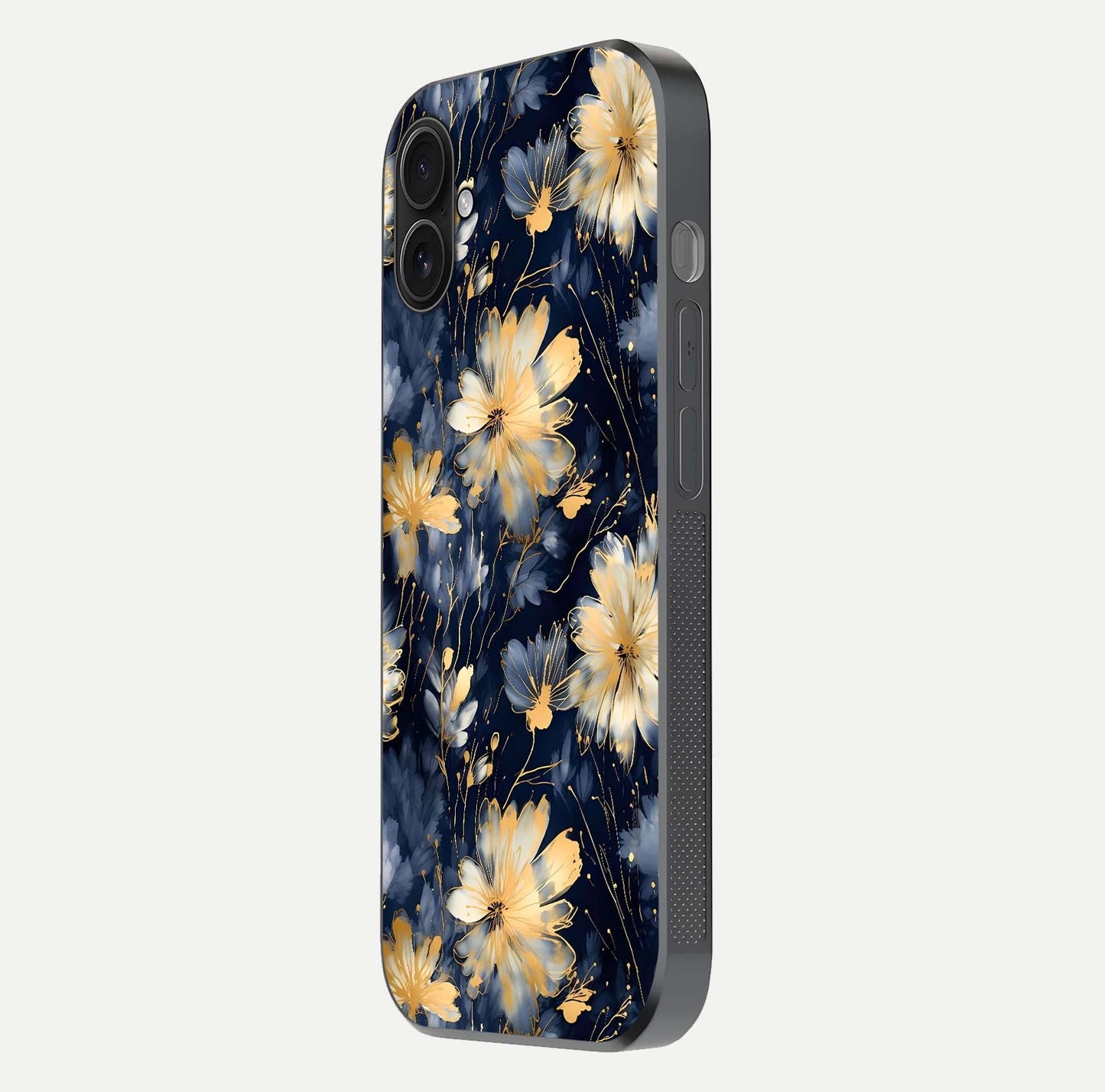 Royal Petal Dream Glass Case for iPhone 16 Plus side-angle image showing smooth edges and royal bloom details