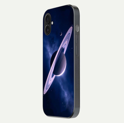 Saturn Ring Mystique Glass Case for iPhone 16 Plus side-angle image showing shine and galaxy ring focus