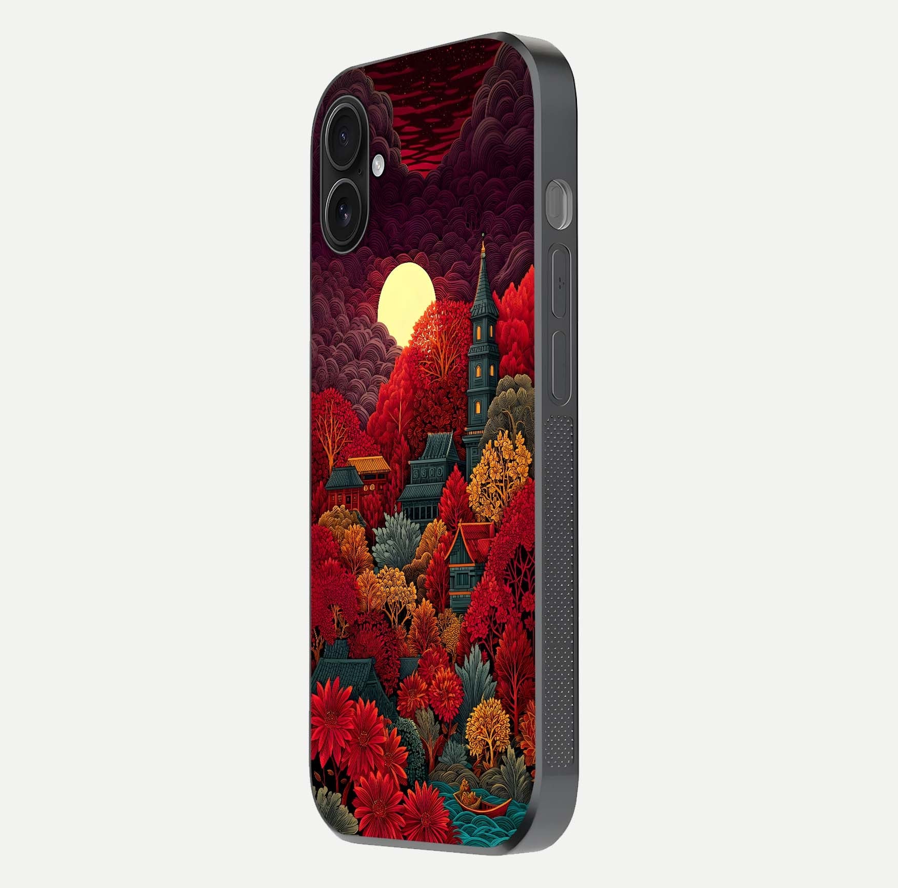 Scarlet Autumn Temple Glass Case for iPhone 16 Plus side-angle image showing color depth and reflection clarity