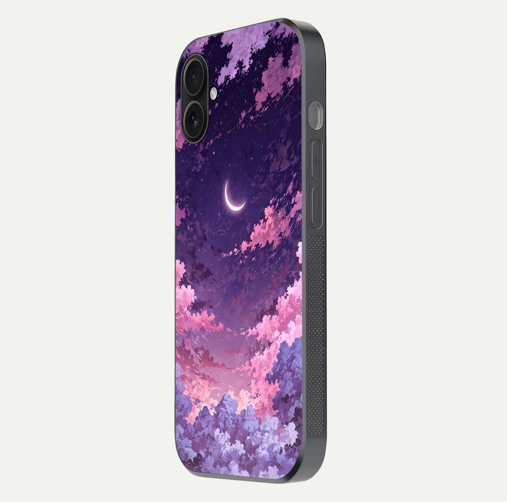 Sky Drift Clouds Glass Case for iPhone 16 Plus side-angle image showing reflection, blue tones, and soft gradient