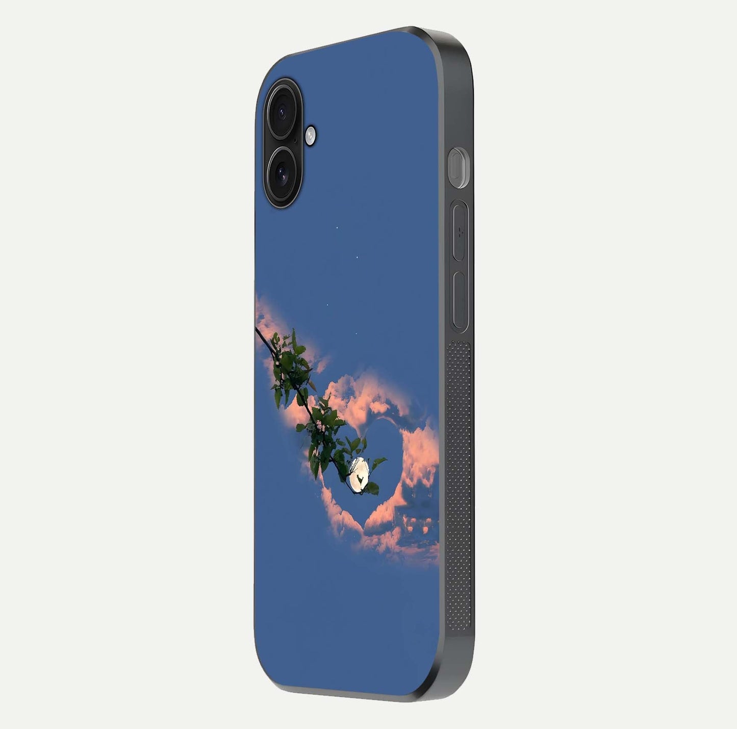Sky Under Tree Glass Case for iPhone 16 Plus side-angle image showing shine, edge texture, and scenic detail