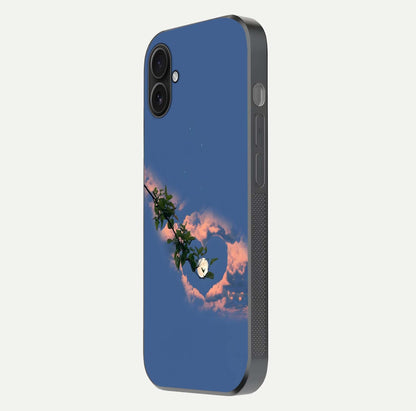 Sky Under Tree Glass Case for iPhone 16 Plus side-angle image showing shine, edge texture, and scenic detail