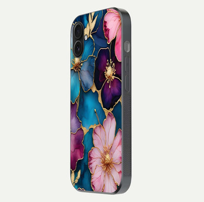 Sparkle Floral Glass Case for iPhone 16 Plus side-angle image showing reflection, gloss, and floral texture