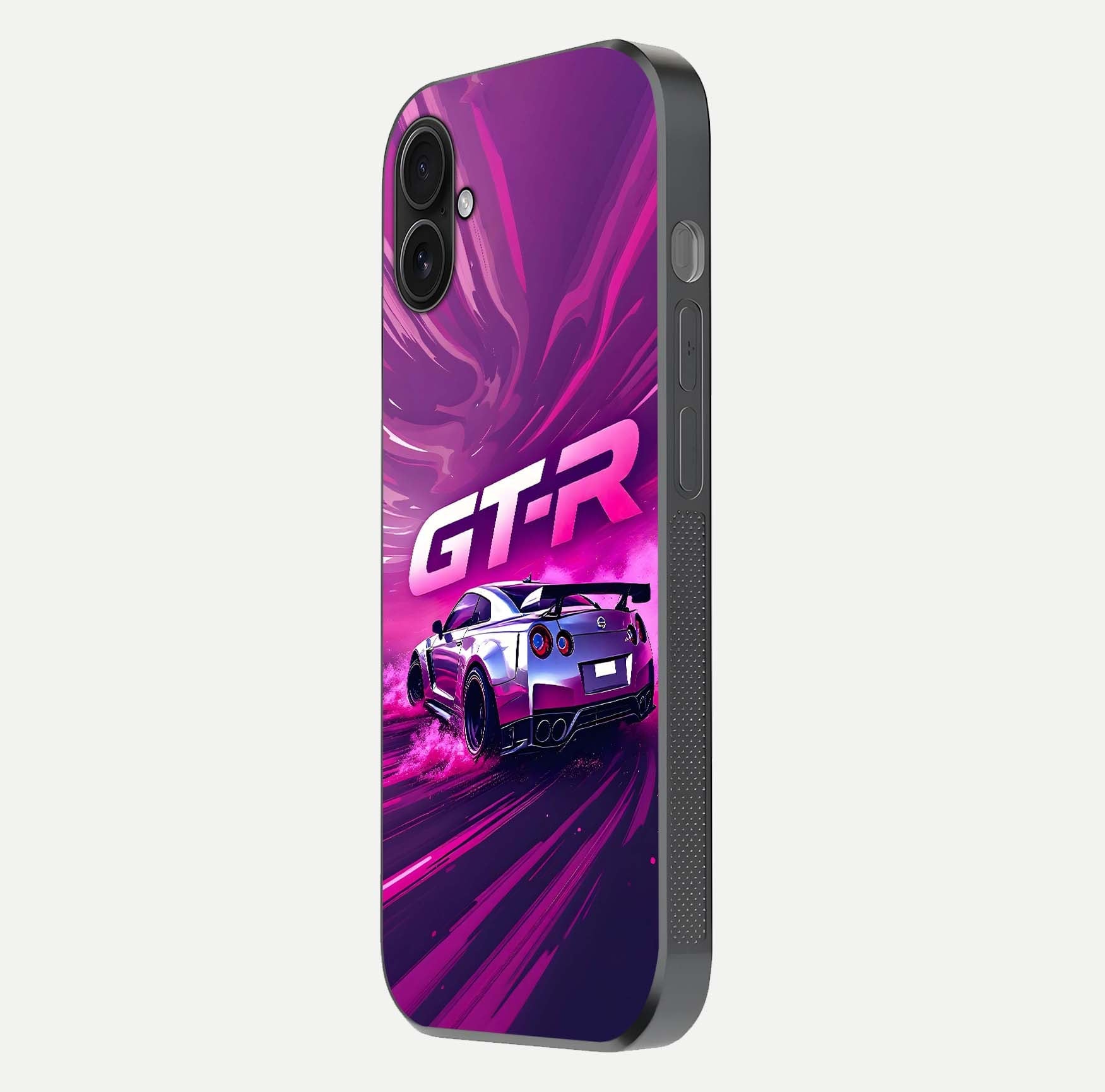 Speed Drift Legend Glass Case for iPhone 16 Plus side-angle image showing car print reflection and surface gloss