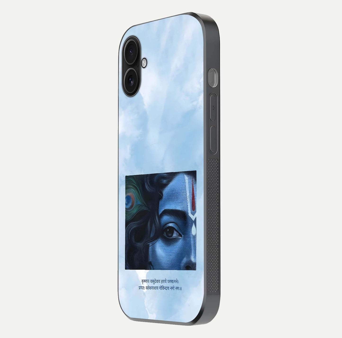 Spiritual Krishna Glass Case for iPhone 16 Plus side-angle image showing reflection and vivid artwork clarity