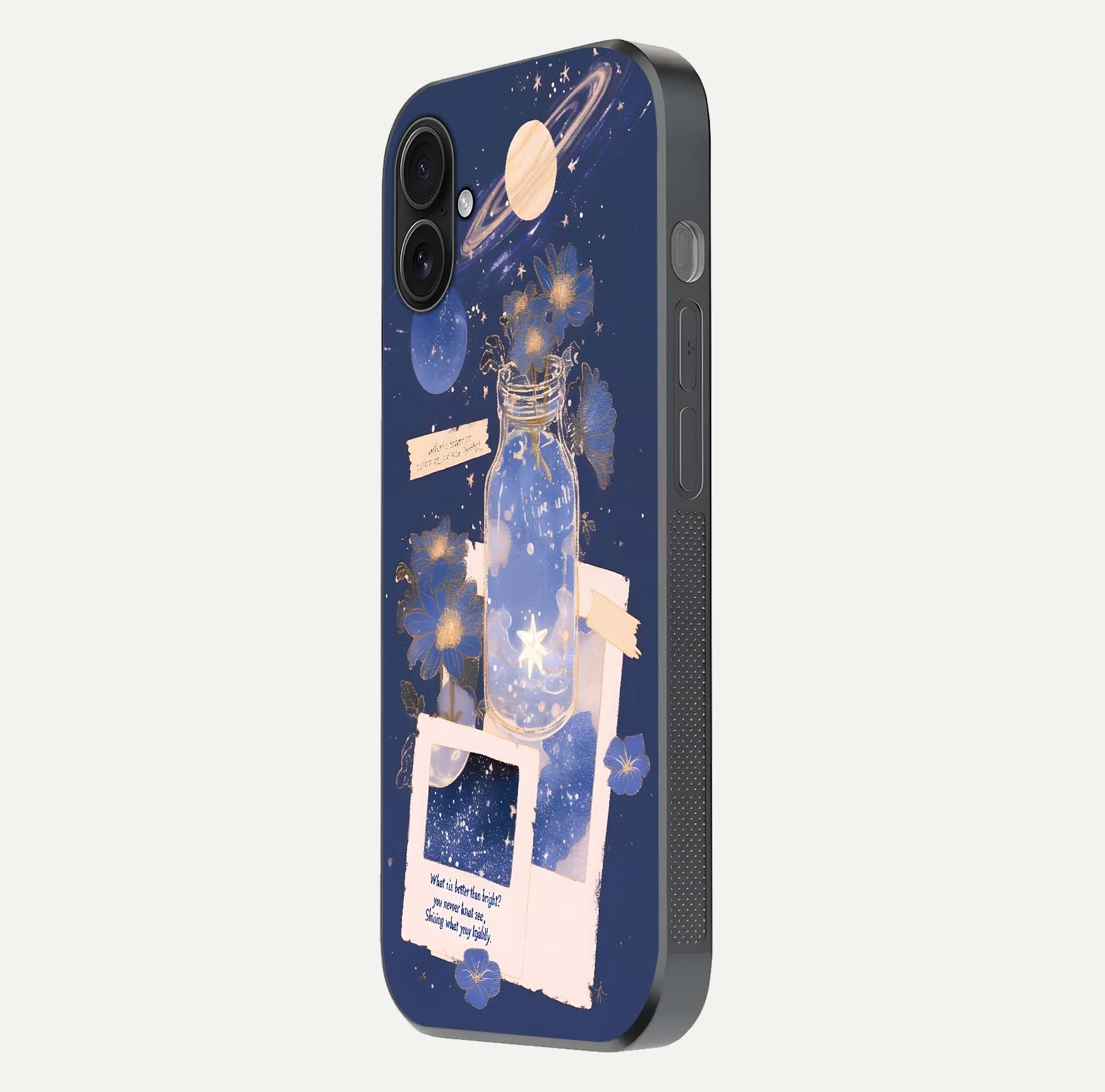 Starlit Cosmic Jar Glass Case for iPhone 16 Plus side-angle image showing glow, texture, and light reflection