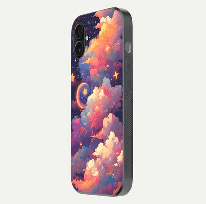 Starlit Dream Clouds Glass Case for iPhone 16 Plus side-angle image showing shine, reflection, and dreamy tones