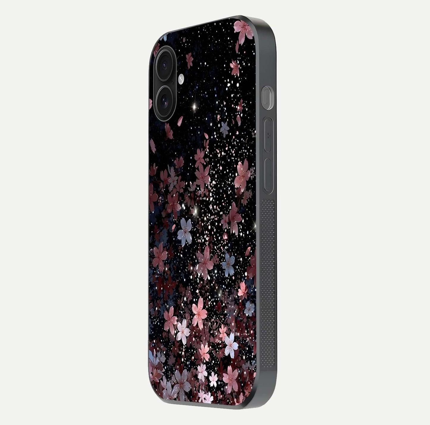 Starlit Flower Dreams Glass Case for iPhone 16 Plus side-angle image showing shine, edge detail, and floral contrast
