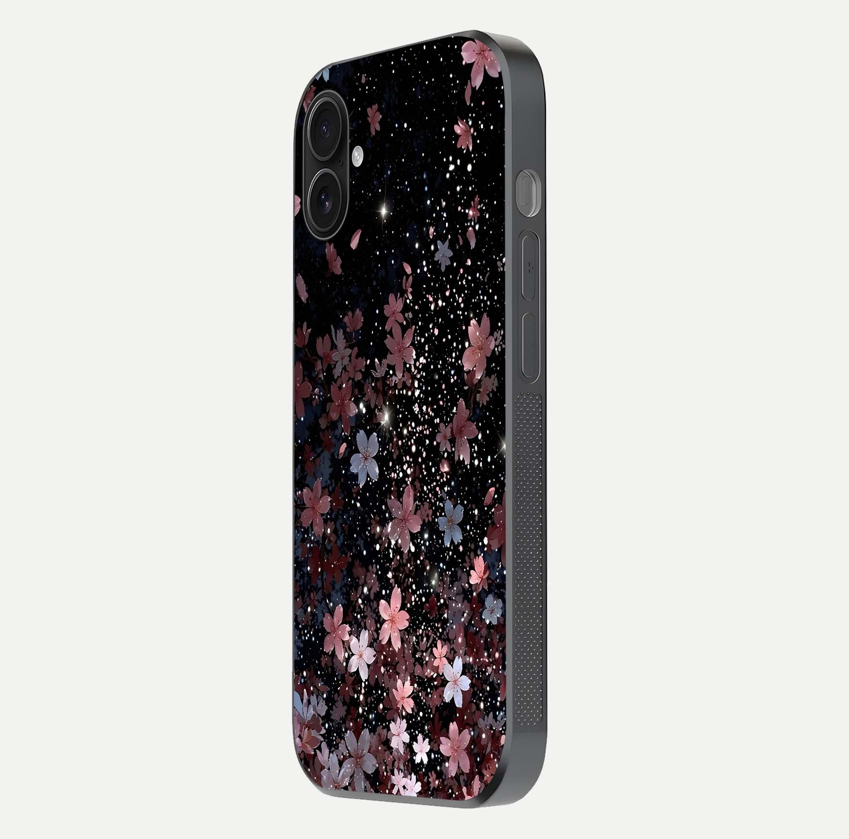 Starlit Flower Dreams Glass Case for iPhone 16 Plus side-angle image showing shine, edge detail, and floral contrast