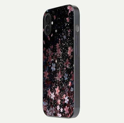 Starlit Flower Dreams Glass Case for iPhone 16 Plus side-angle image showing shine, edge detail, and floral contrast