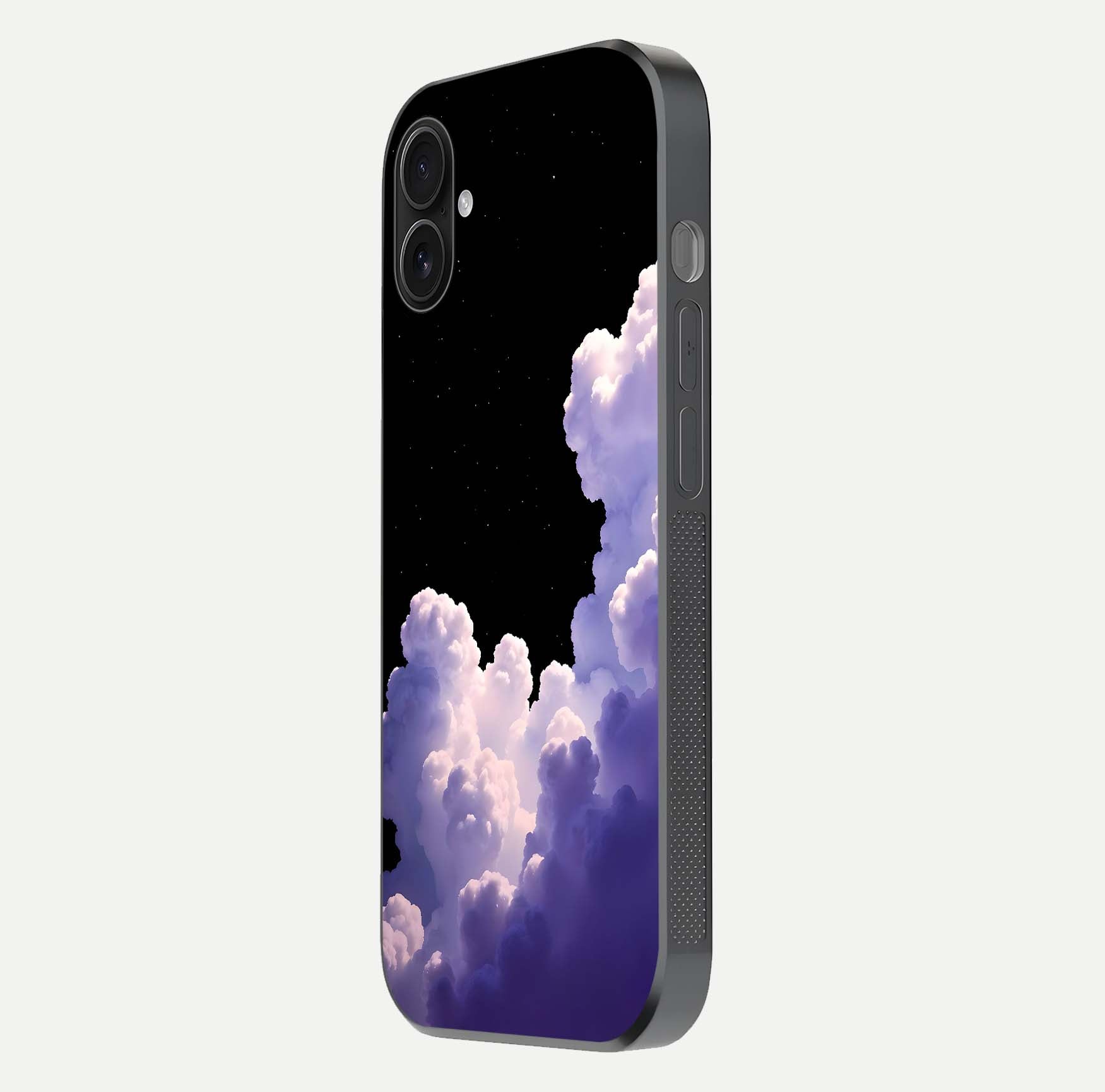 Starlit Night Whispers Glass Case for iPhone 16 Plus side-angle image showing reflection and night pattern shine