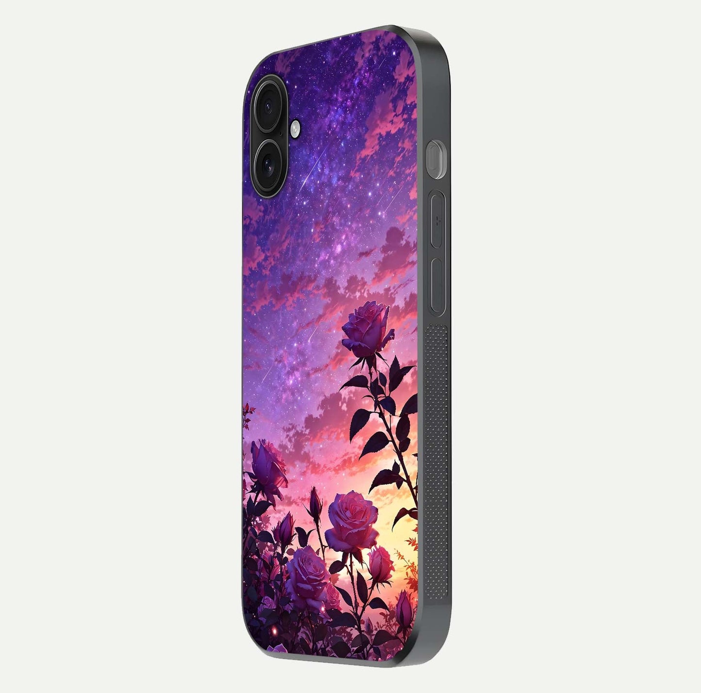Starlit Rose Twilight Glass Case for iPhone 16 Plus side-angle image showing reflection and petal contrast