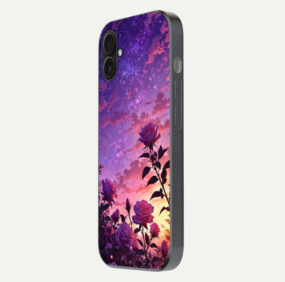 Starlit Rose Twilight Glass Case for iPhone 16 Plus side-angle image showing reflection and petal contrast