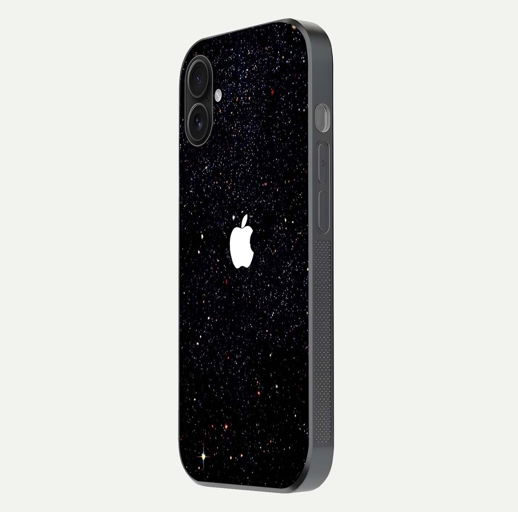 Starry Apple Galaxy Glass Case for iPhone 16 Plus side-angle image showing gloss and star pattern detail