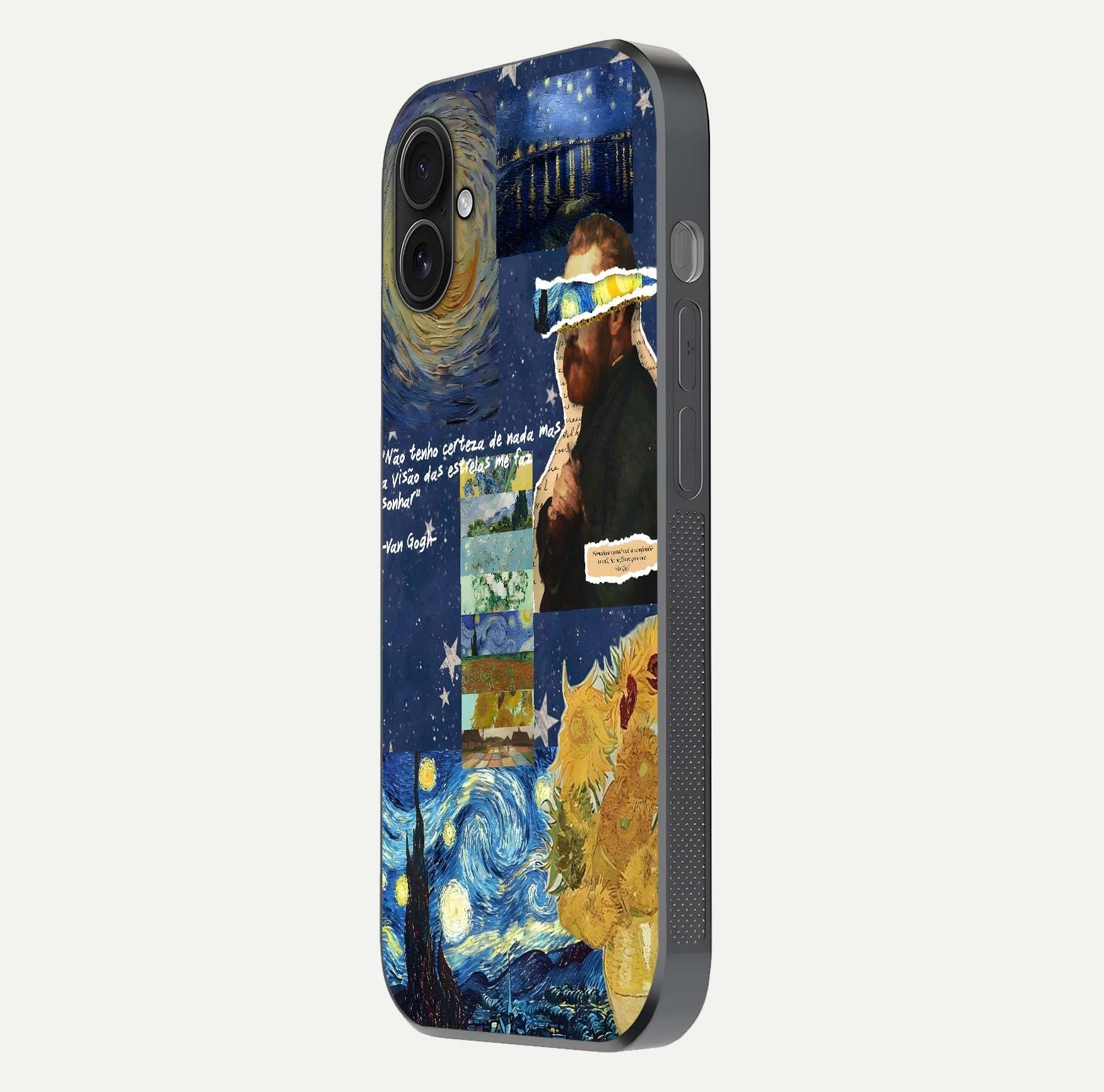Starry Dream Vision Glass Case for iPhone 16 Plus side-angle image showing reflection and cosmic gradient tones