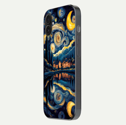 Starry Sky Serenity Glass Case for iPhone 16 Plus side-angle image showing reflection and night-sky detail