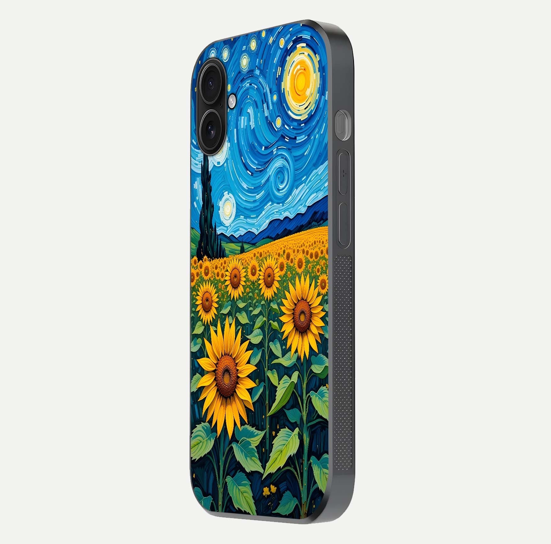 Starry Sunflower Dreams Glass Case for iPhone 16 Plus side-angle image showing reflection, stars, and yellow tone
