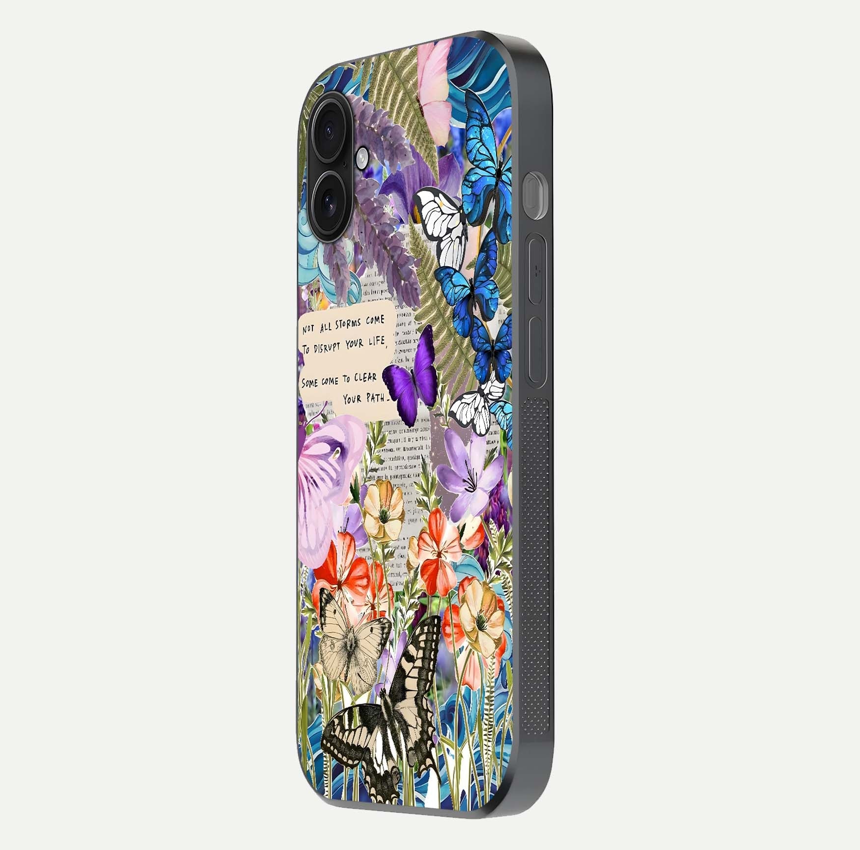 Storm Path Bloom Glass Case for iPhone 16 Plus side-angle image showing reflection, color contrast, and shine