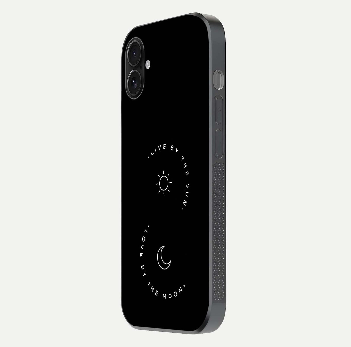 Sun Moon Balance Glass Case for iPhone 16 Plus side-angle image showing reflection and celestial detailing