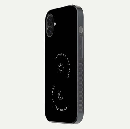 Sun Moon Balance Glass Case for iPhone 16 Plus side-angle image showing reflection and celestial detailing