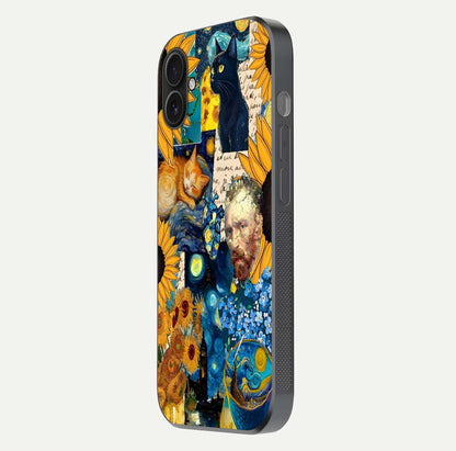 Sunflower Cat Art Glass Case for iPhone 16 Plus side-angle image showing shine, edges, and sunflower texture