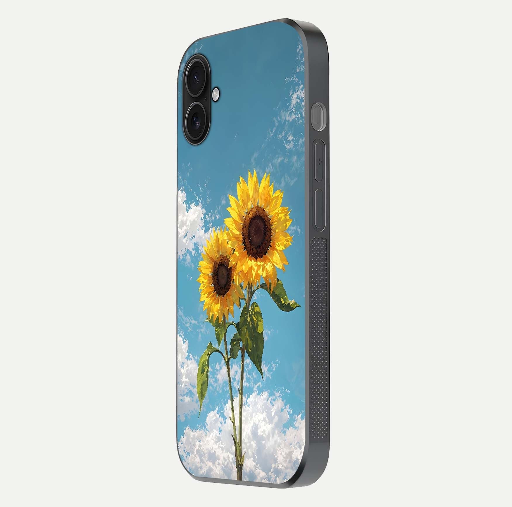 Sunflower Sky Bloom Glass Case for iPhone 16 Plus side-angle image showing reflection, edges, and sunflower color