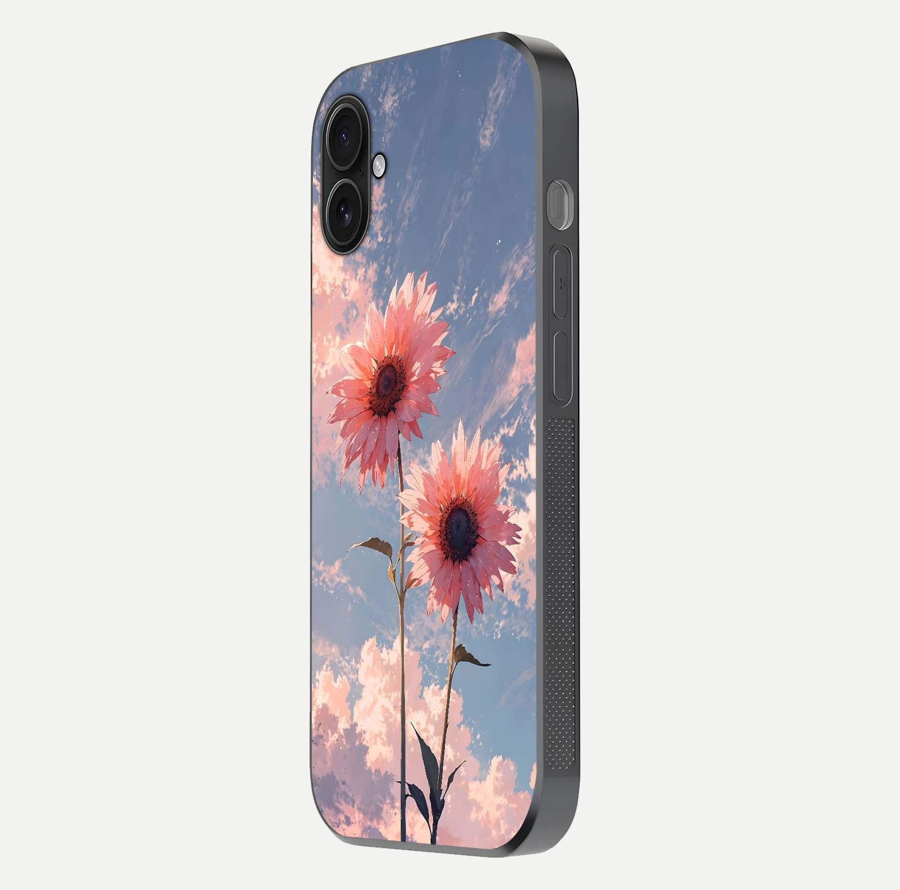 Sunlit Daisy Glow Glass Case for iPhone 16 Plus side-angle image showing shine, gloss, and floral highlight
