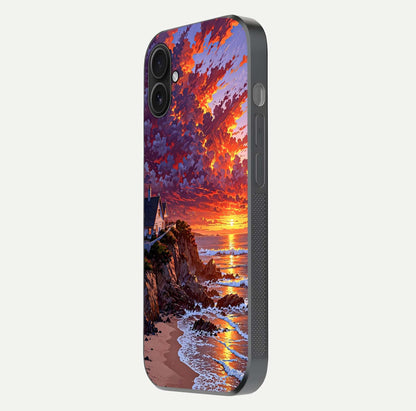 Sunset House by Sea Glass Case for iPhone 16 Plus side-angle image showing reflection and seaside color tone