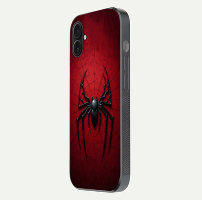 Venom Web Emblem Glass Case for iPhone 16 Plus side-angle image showing reflection and dark color tones