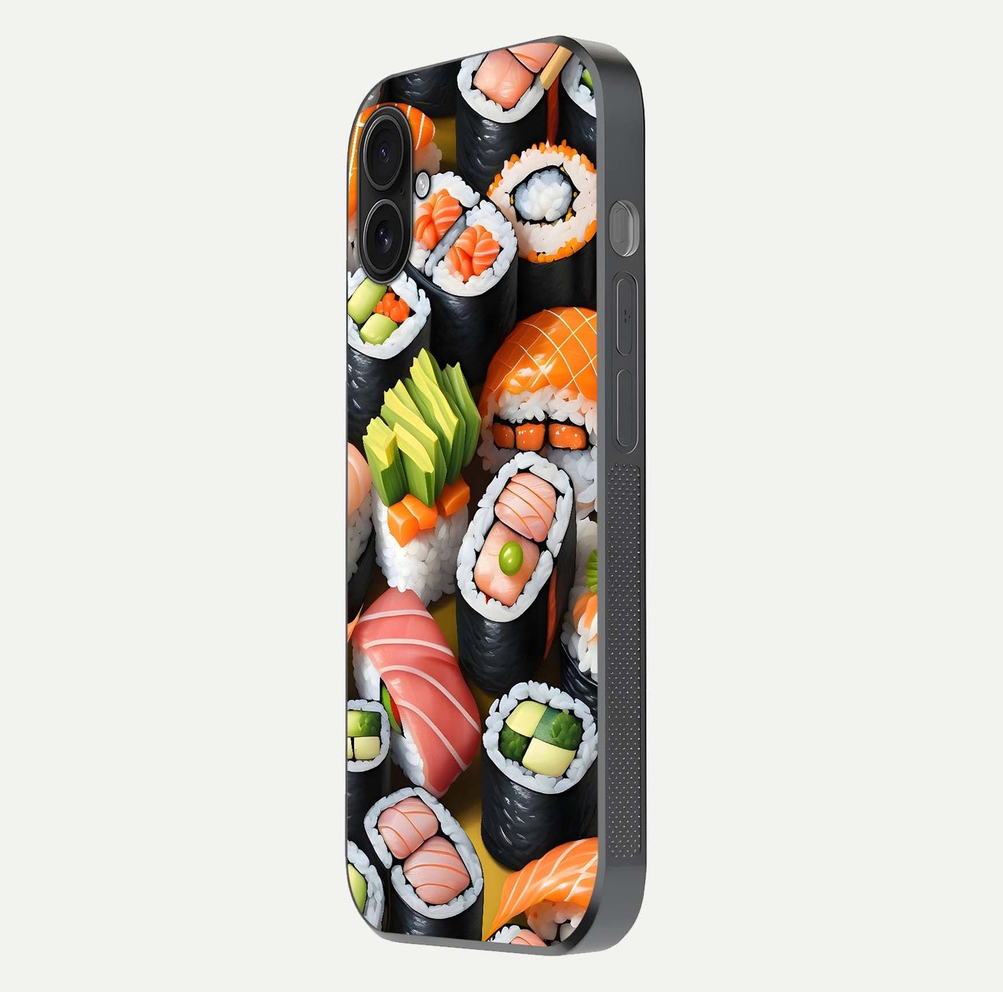Sushi Food Pattern Glass Case for iPhone 16 Plus side-angle image showing shine, gloss, and sushi artwork