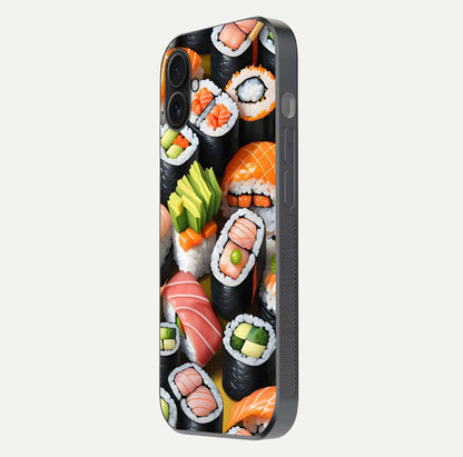 Sushi Food Pattern Glass Case for iPhone 16 Plus side-angle image showing shine, gloss, and sushi artwork